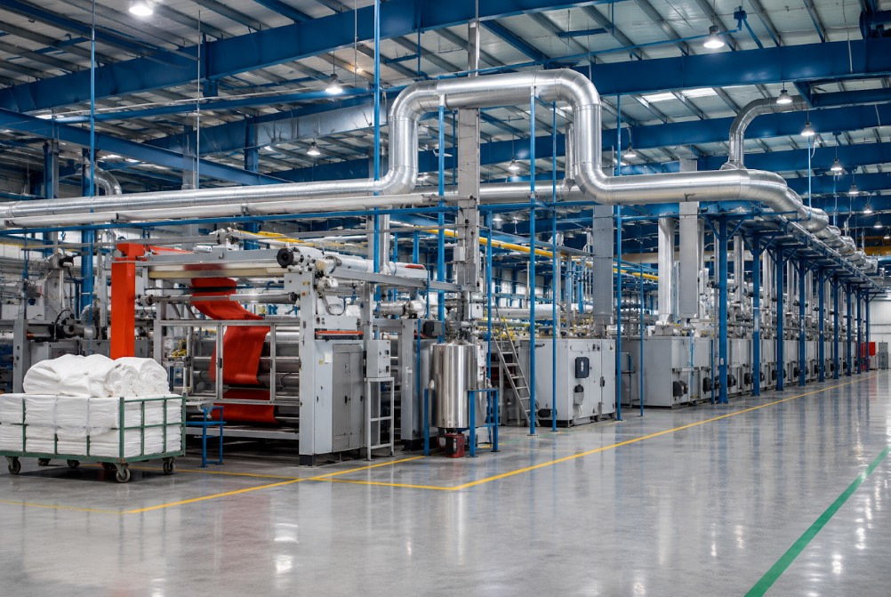 Large manufacturing facility with industrial machinery and overhead coolant filtration and ventilation systems supporting efficient production and reduced equipment downtime.