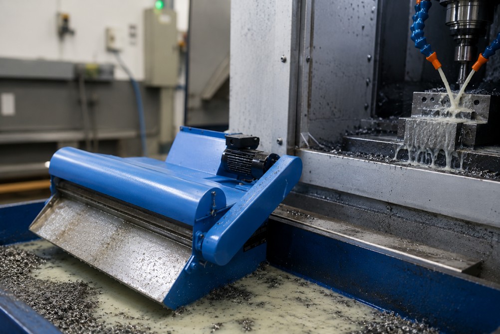 Industrial coolant filtration system removing metal swarf and contaminants from machining coolant beside a CNC machine to improve coolant quality and minimise manufacturing downtime.