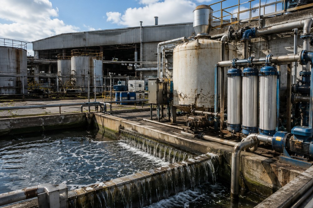 Industrial wastewater filtration facility with filtration vessels, storage tanks and pipework used to treat and recycle wastewater for sustainable manufacturing operations.
