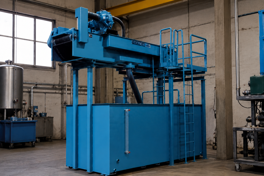 Industrial coolant filtration system installed in a manufacturing facility, removing contaminants from metalworking fluids to improve machine performance and reduce production downtime.