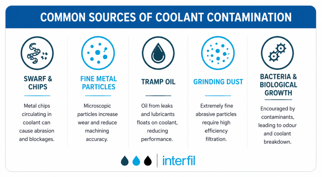 Infographic showing common sources of coolant contamination in CNC and metalworking, including swarf, metal particles, tramp oil, grinding dust and biological growth.