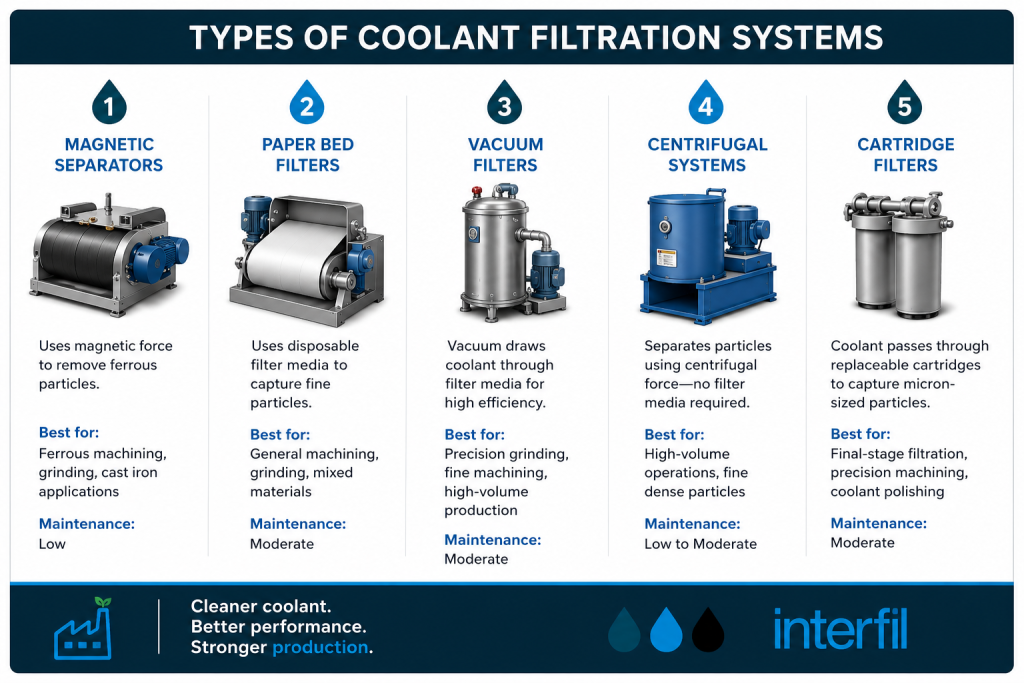 Infographic comparing coolant filtration systems, including magnetic separators, paper bed filters, vacuum filters, centrifugal systems and cartridge filters for CNC and metalworking applications.