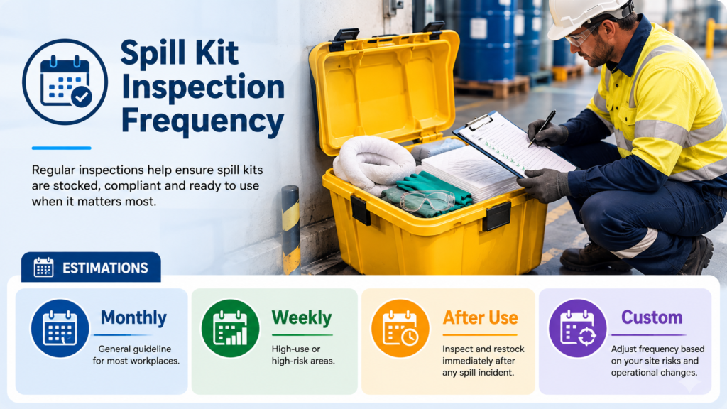 Spill kit inspection infographic showing a worker checking supplies and suggested monthly, weekly, after-use and site-specific checks.