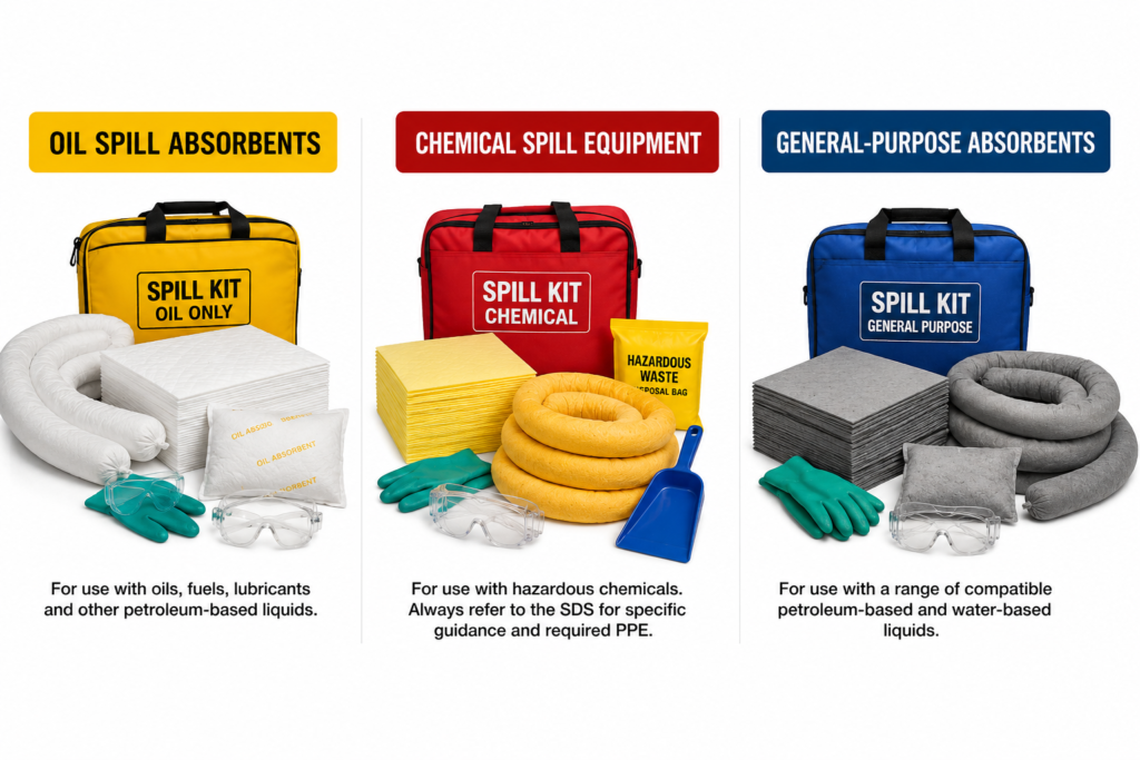 Comparison of oil-only, chemical and general-purpose spill kits, showing absorbent pads, socks, gloves and safety goggles.